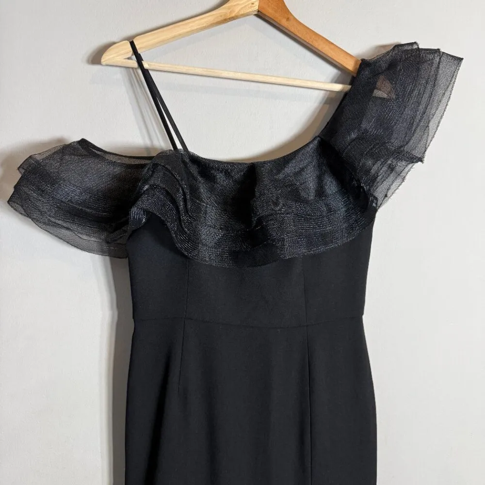 Aidan Mattox Asymmetric Ruffle Bodycon Cocktail Mini Dress Womens 6 Black Tulle - Image 5