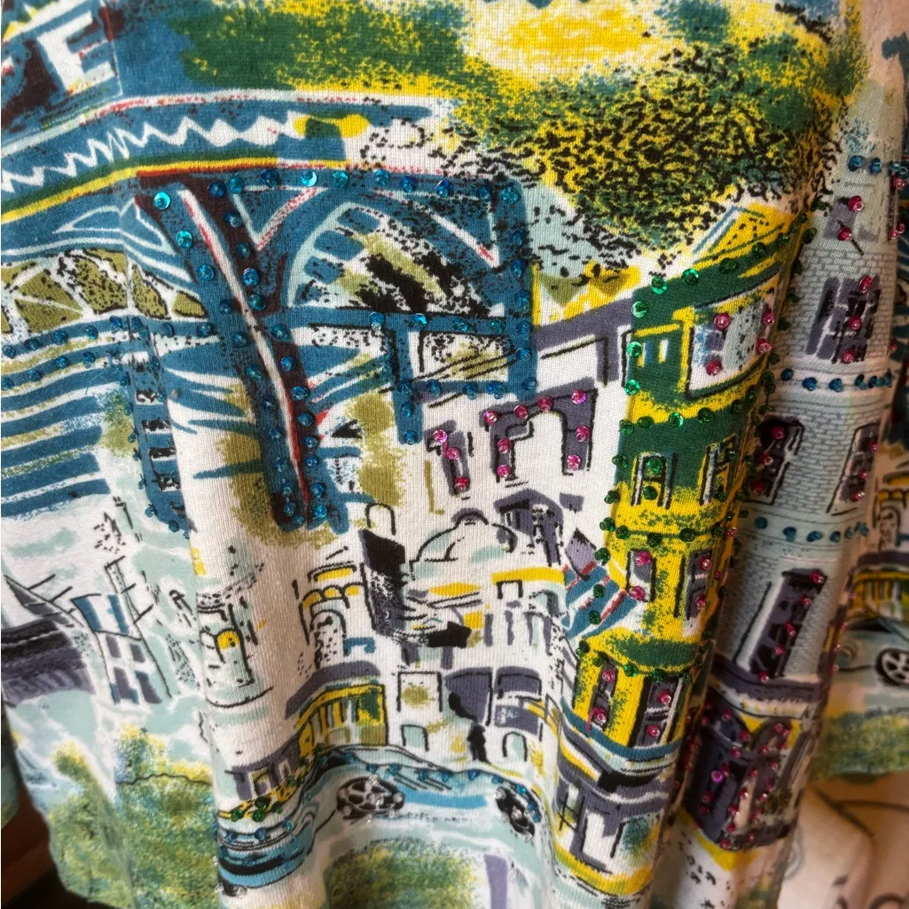 Take Two Clothing Co. Vintage City Scene Top Sequined Women’s Size 1X Blue - Image 2