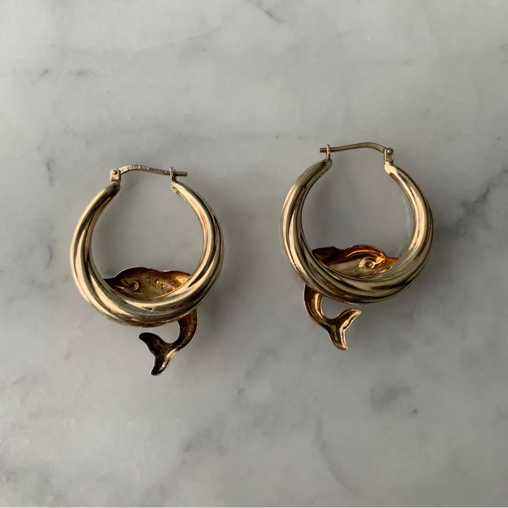 Leaping Dolphin Hoop Earrings Gold Over Sterling Silver 1” Jordan MDM - Image 5