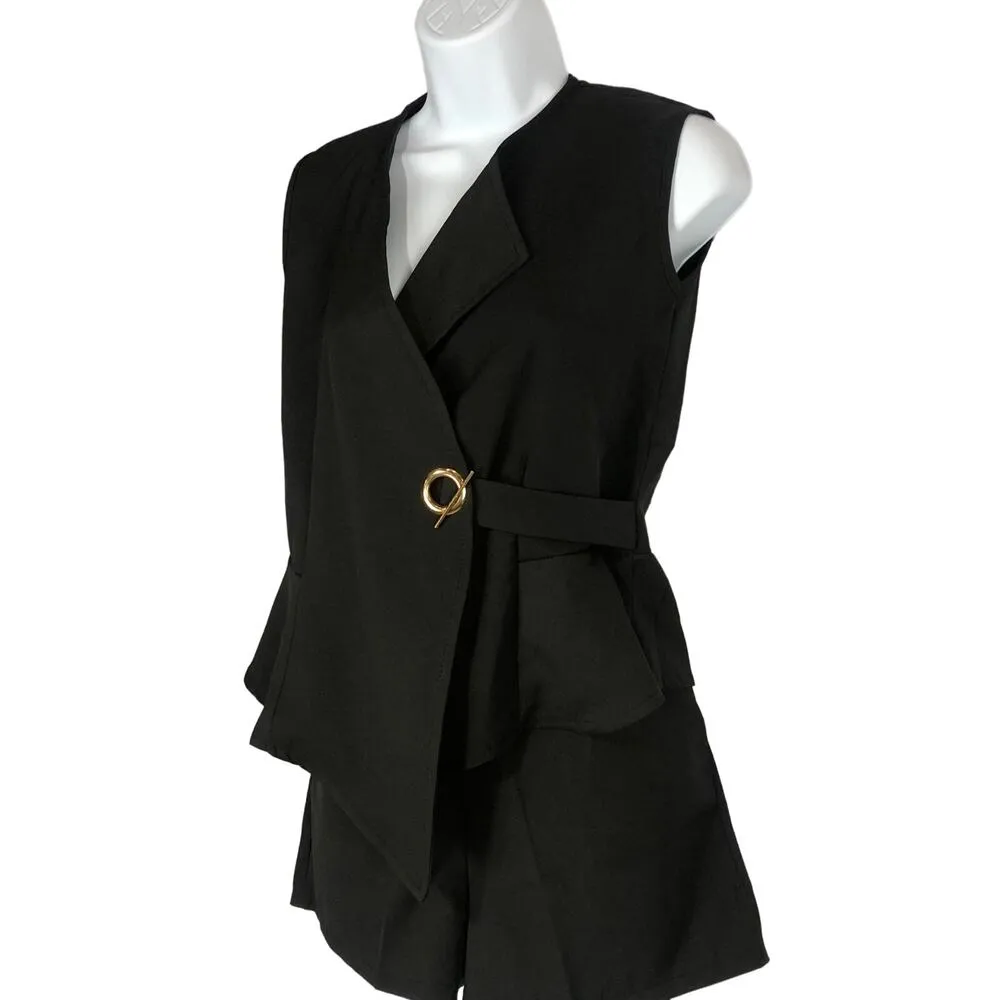 NWT boutique black sleeveless top & matching shorts set gold accent size small Size M - Image 3