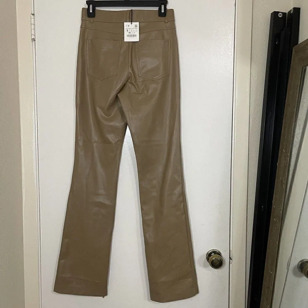 NEW! ZARA tan faux leather straight leg high rise ankle zip pants size SMALL - Image 3