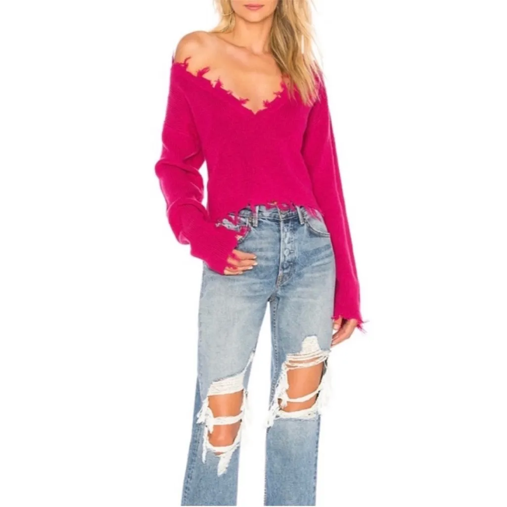 Lovers + Friends Revolve Bright Pink Wool Ribbed Knit V Neck Oversized Sweater S - Image 9