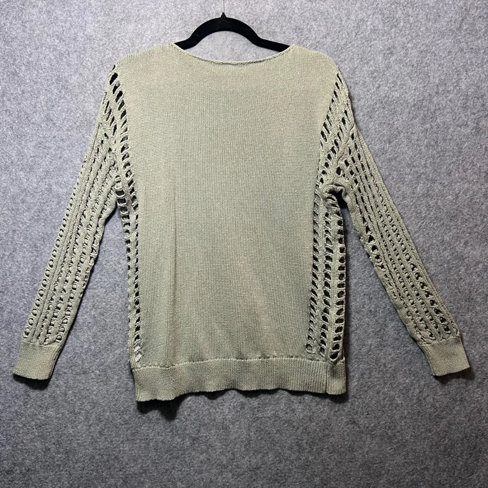 One Grey Day Open Knit Ladder Sleeve Crochet Sweater Sage Green L Boho Cotton Size L - Image 8