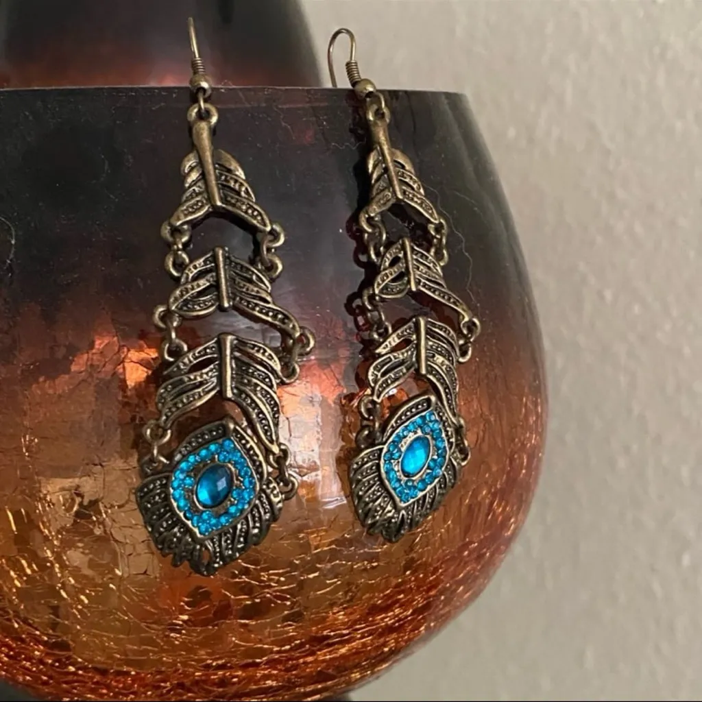 Modern Cowgirl Bronze Feather Dangle Earrings | Turquoise Jeweled Drop Gold - Image 2