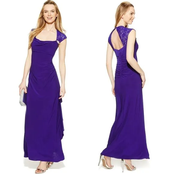 New! R&M RICHARDS Jeweled Lace-Shoulder Ruffled Open-Back Jersey Dress Purple 12 - Image 2