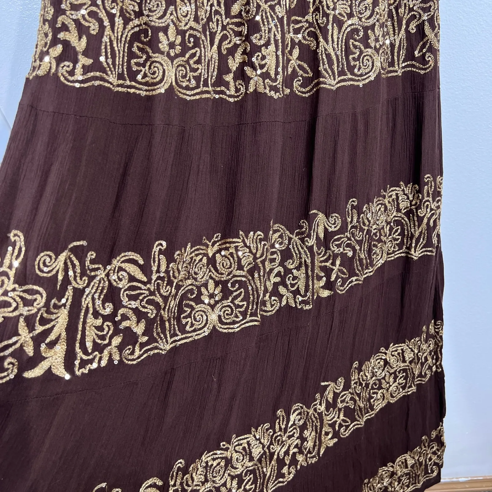 Boston Proper Maxi Dress Gold Embroidered Tiered Smocked Empire Waist Medium - Image 11