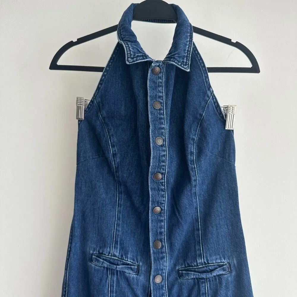 Free People Denim Jumpsuit 8 Blue Flared Halter One Piece Low Back 70s Retro - Image 2