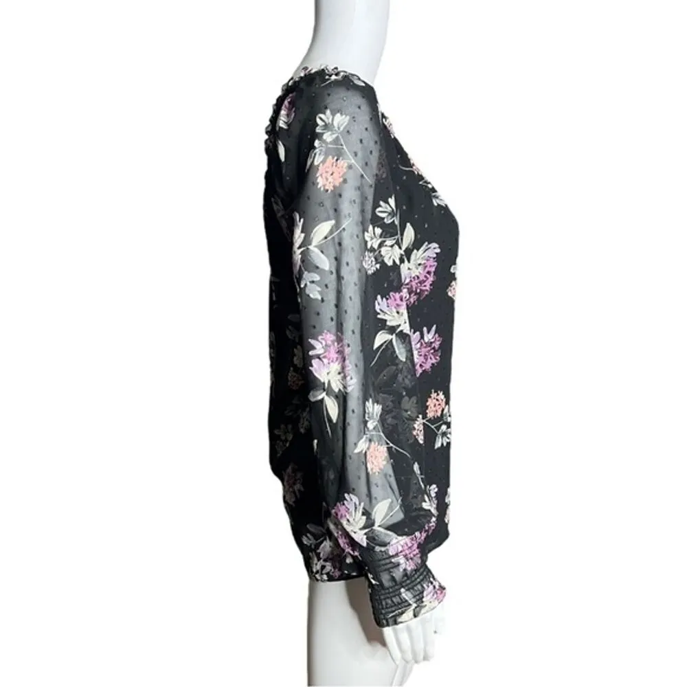 White House Black Market Shirt Womens Small Black Pink Floral One Shoulder Sheer - Image 2