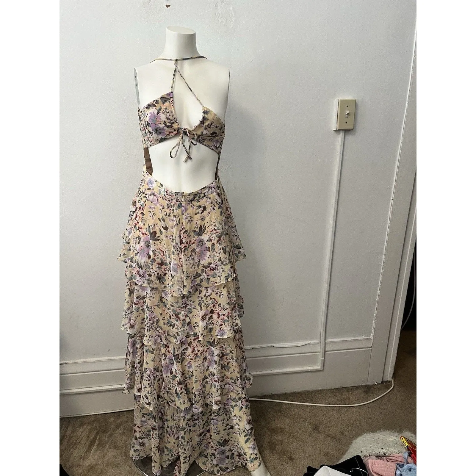 ASTR the Label Rosana Floral Tiered Ruffle Maxi Dress Yellow Purple Size XS - Image 2