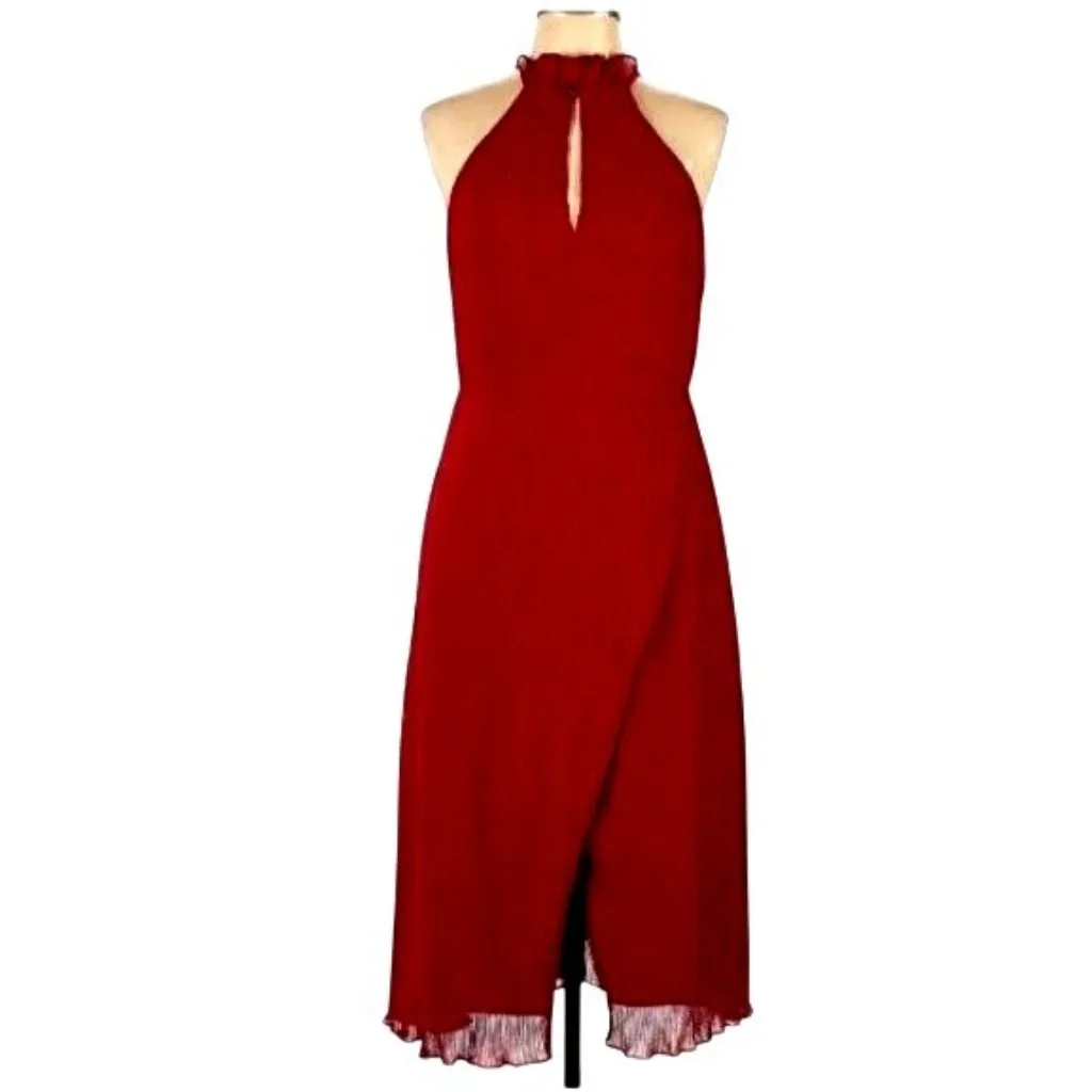 Keepsake the Label Skylines Red Pleated Chiffon Dress L Keyhole Wrap Cocktail Size L - Image 2