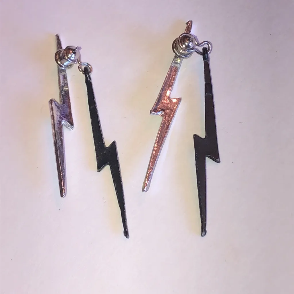 Silver Tone and Black Lightning Bolt Boho Earrings - Image 4