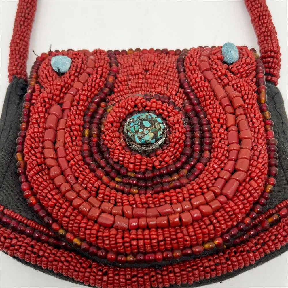 Vintage Sudha Hand Beaded Mini Handbag Purse Bag Red Black - Image 2