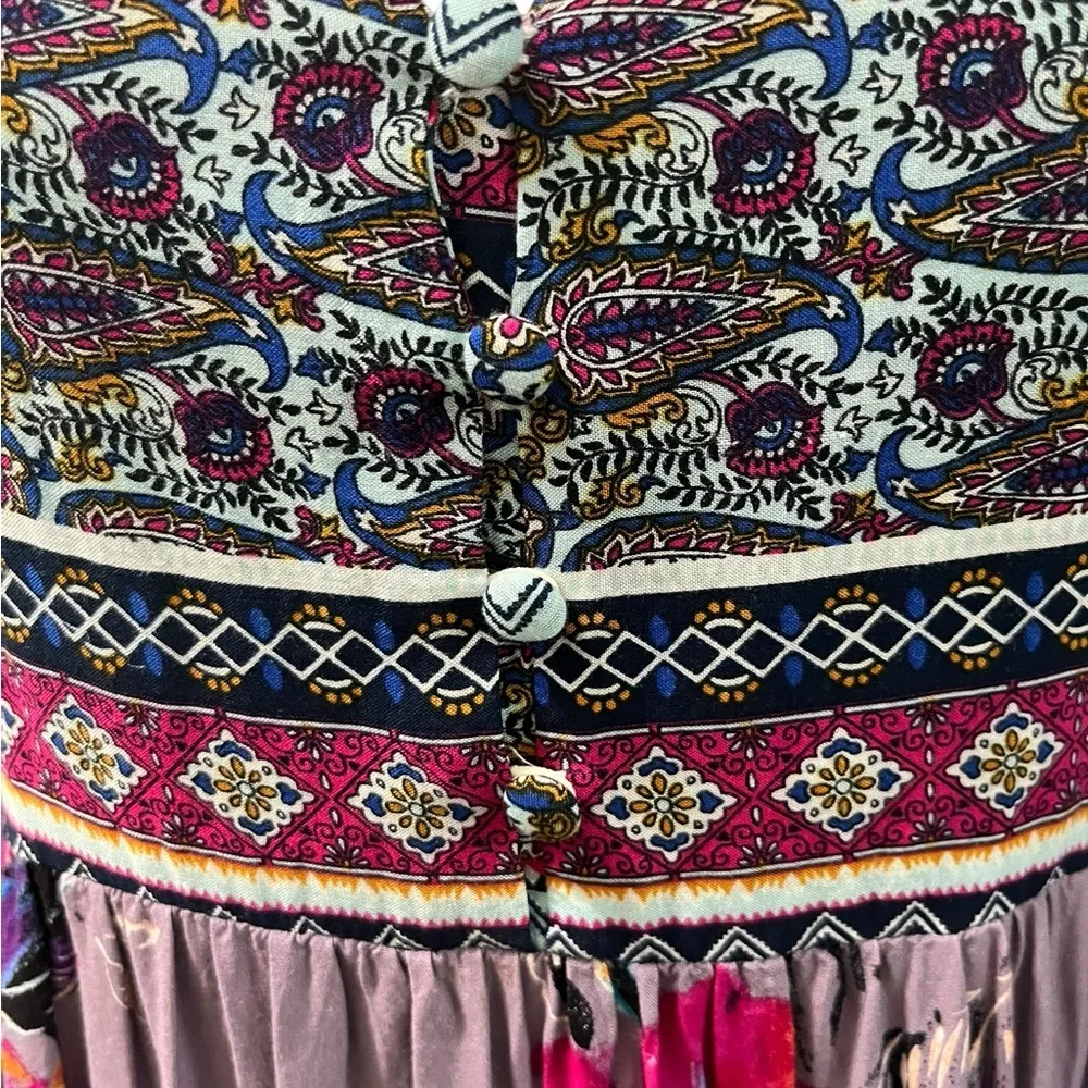 Umgee Floral Paisley Bohemian Balloon 3/4 Sleeve Mini Purple Dress Small - Image 3