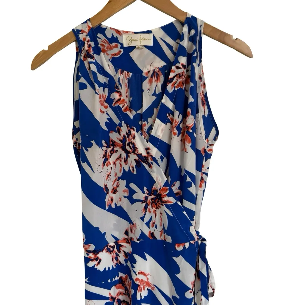 Yumi Kim Silk Revolve Floral Blue Pink and White Sleeveless Wrap Midi Dress S - Image 3