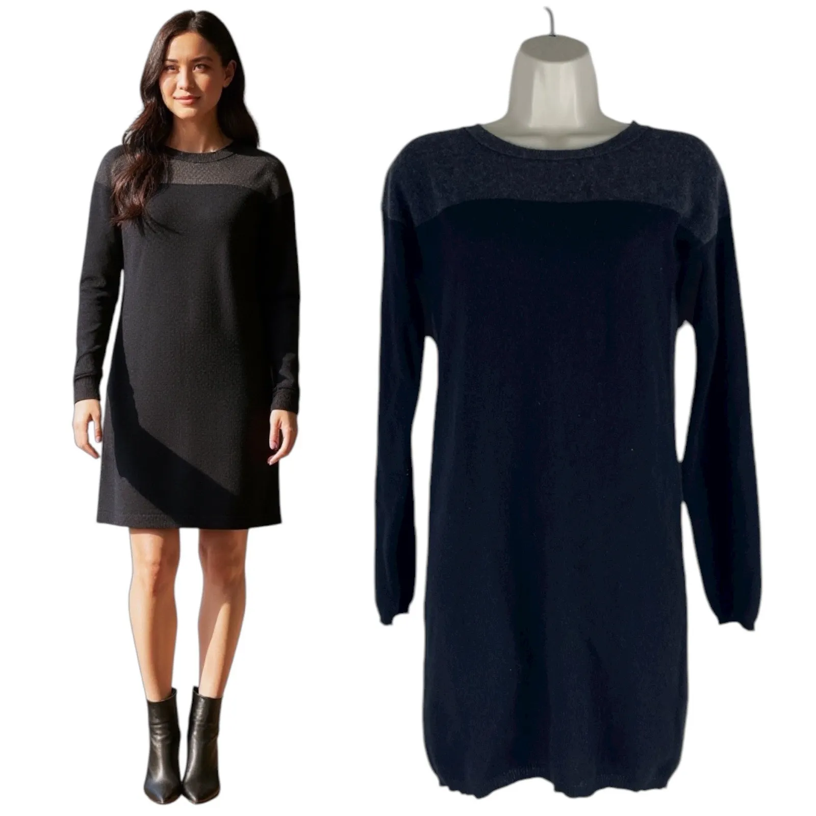 360 Cashmere Colorblock Crew Neck Tunic Sweater Gray Black Size XS - Image 2