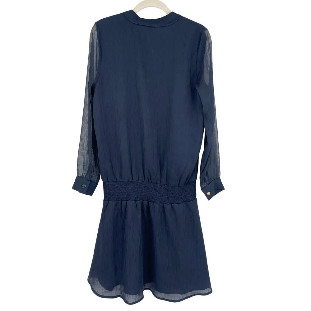 Marie Oliver Navy Blue Smocked Waist Dress With Tassels Long Sheer Sleeve Small - Image 5
