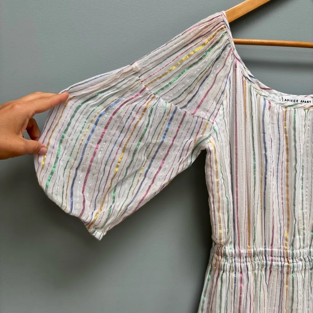 APIECE APART Short Sleeve Midi Dress in White / Metallic Stripes 0 - Image 4