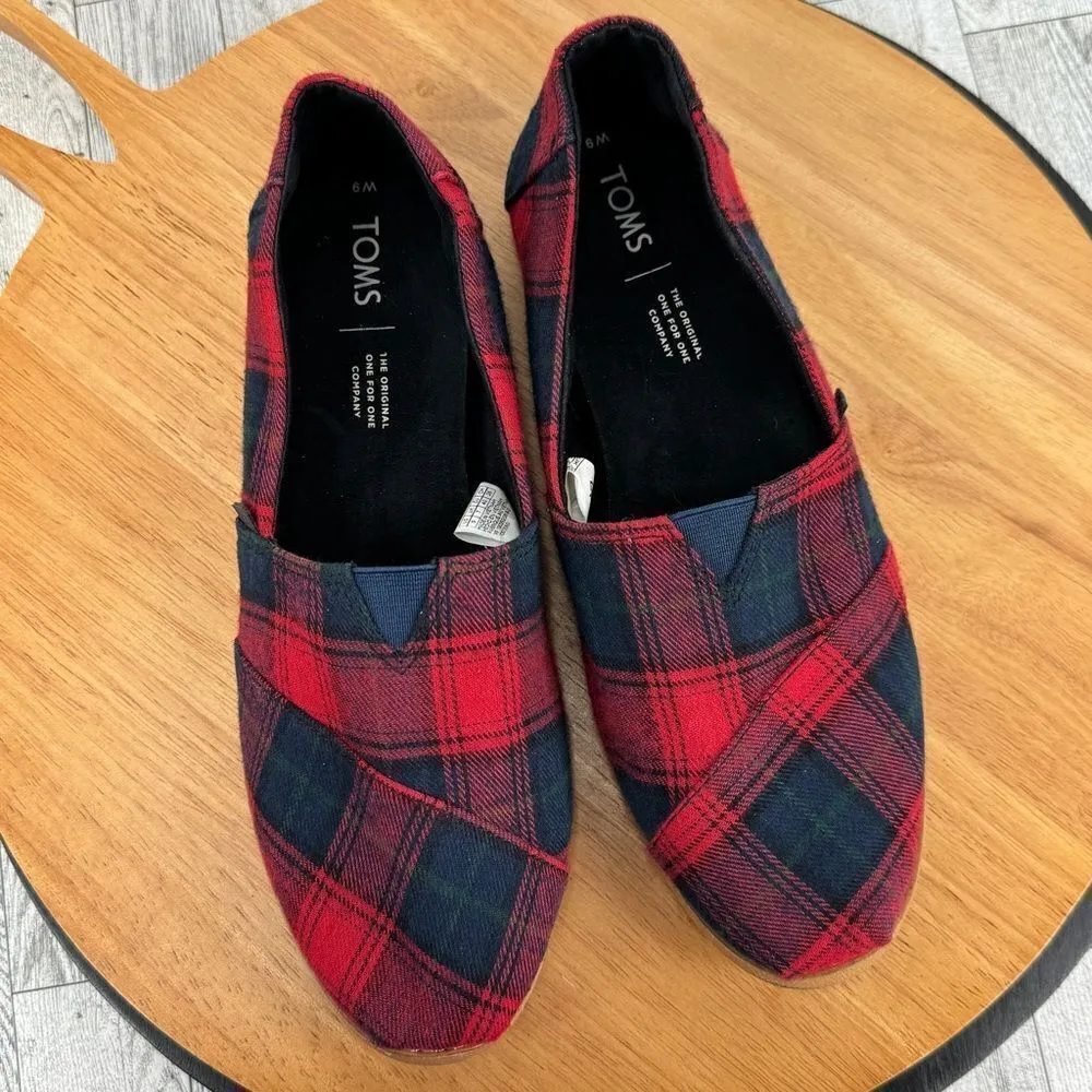 Toms Tartan‎ Plaid Flannel Alpargata Slip On Flats Shoes Red Blue 9 - Image 9