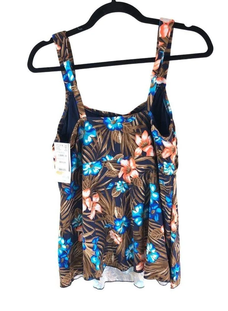 Lands End Womens Flutter Tankini Top Deep Sea Navy Tropic Palm Blue Brown XS - Image 2