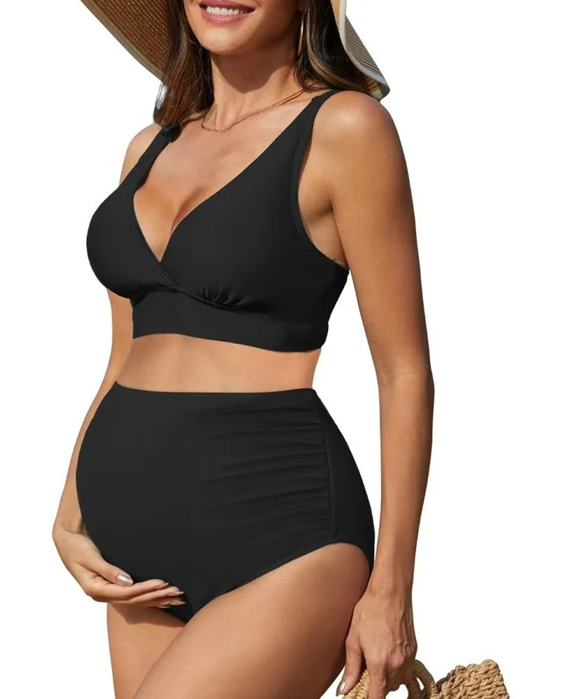 Maternity Swimsuit High Waisted Bikini Set Two Piece V Neck Adjustable Black M Size M - Image 1