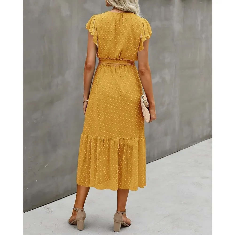 NEW Swiss Dot Wrap V Neck Ruffle Cap Midi Dress L NO BELT Yellow Size L - Image 2