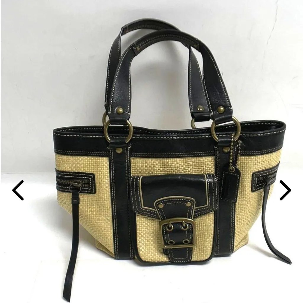 Coach Legacy Black/Cream Leather Woven Straw Rattan Tote Satchel Purse Bag - Image 2