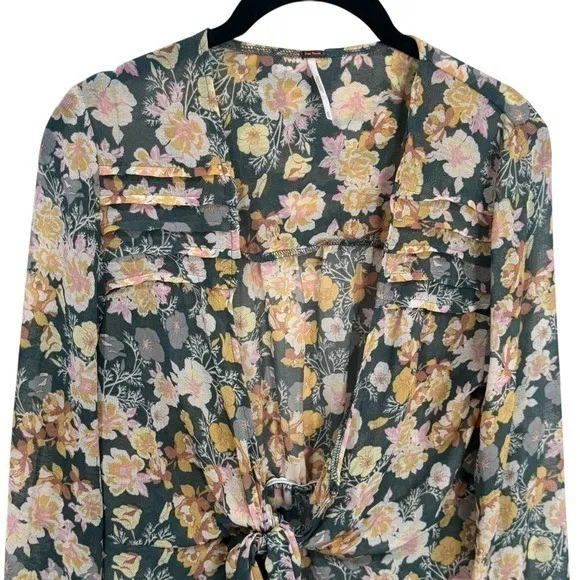 Free People Floral Sheer Ruffle Long Sleeve Tie Front Cardigan Size XS - Image 3