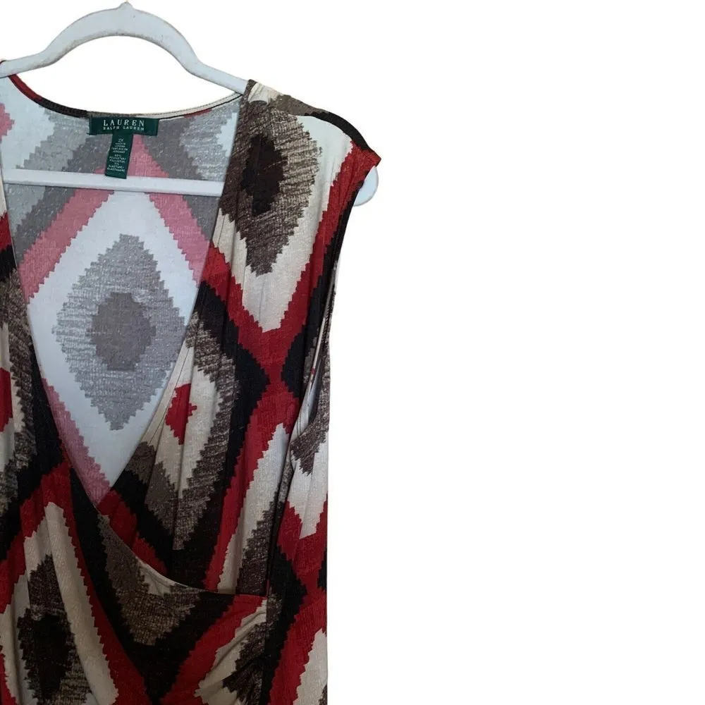 Lauren Ralph Lauren 2X Multicolor Boho Print Sleeveless Surplice Ruched Dress - Image 3