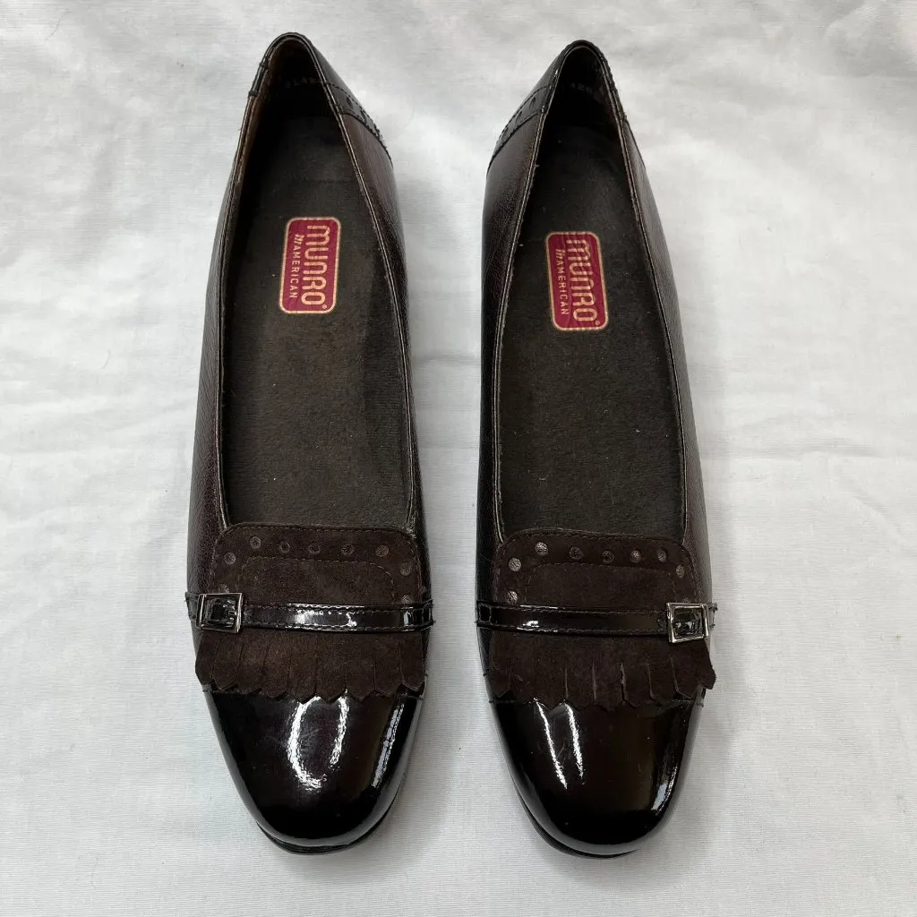 Munro American Womens 8 N Brown Patent Leather And Suede Fringe Buckle Loafer - Image 4