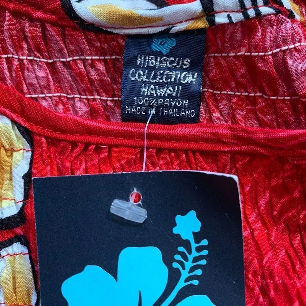 Vintage 90s Maxi Dress Red Tropical Hibiscus Floral Print Smocked Top Medium - Image 7