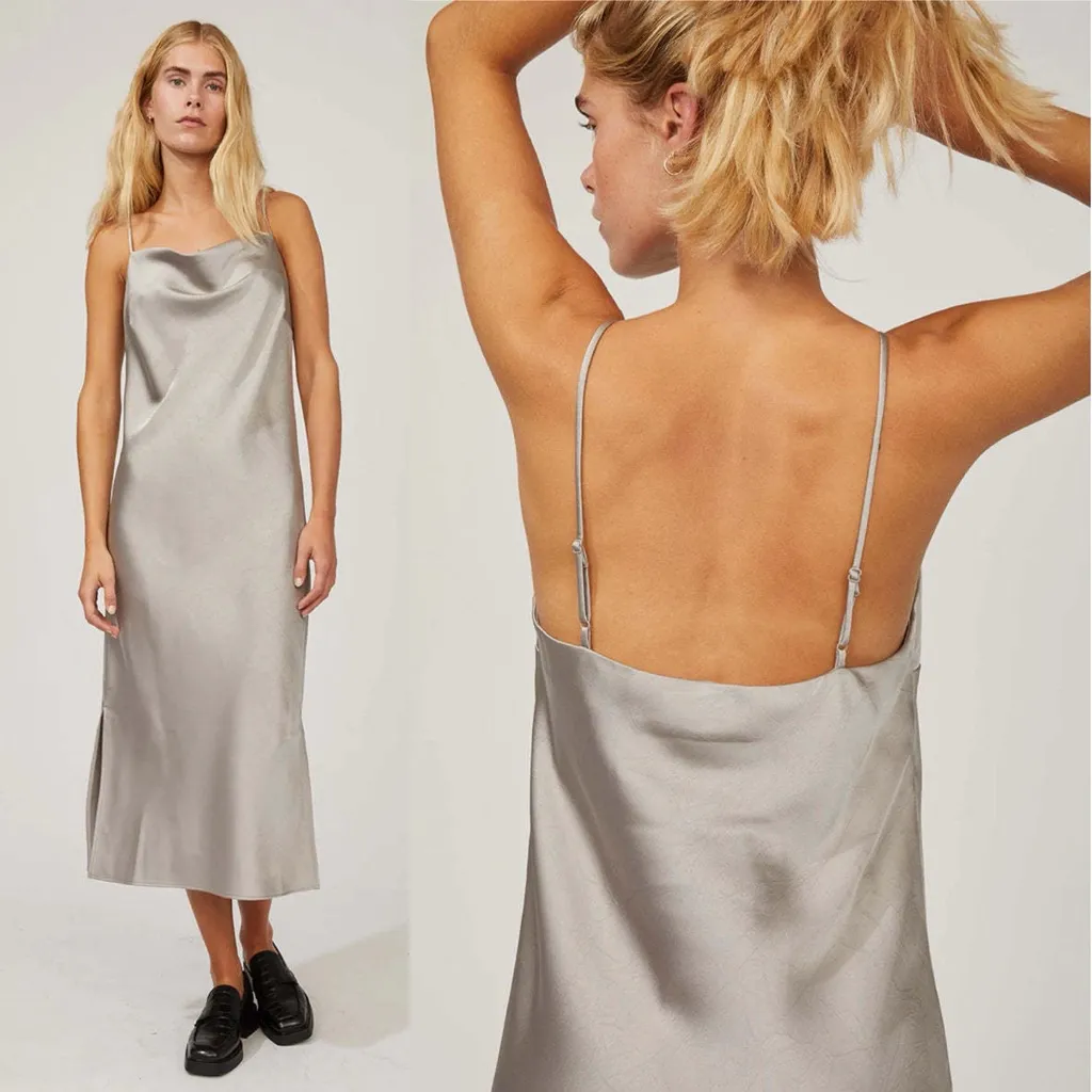 Just Female Rich Dress Paloma Silver Satin Slip Midi Size L - Image 4