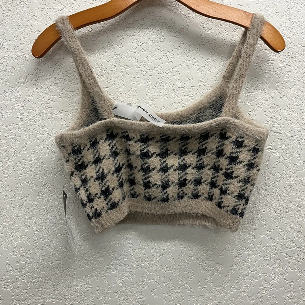 NA-KD Checked Cropped Knitted Top in Beige/ Black L - Image 7