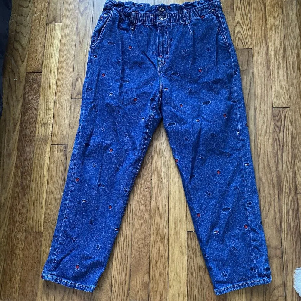 Tommy Jeans Hilfiger All Over Logo Jeans Paper bag Waist Slimming Pockets Sz 16 - Image 2