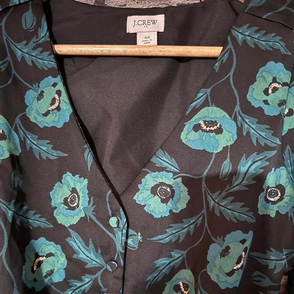 J.Crew – Floral Peplum Blouse – Women – 00 – Black Teal – Long Sleeve Blue - Image 2