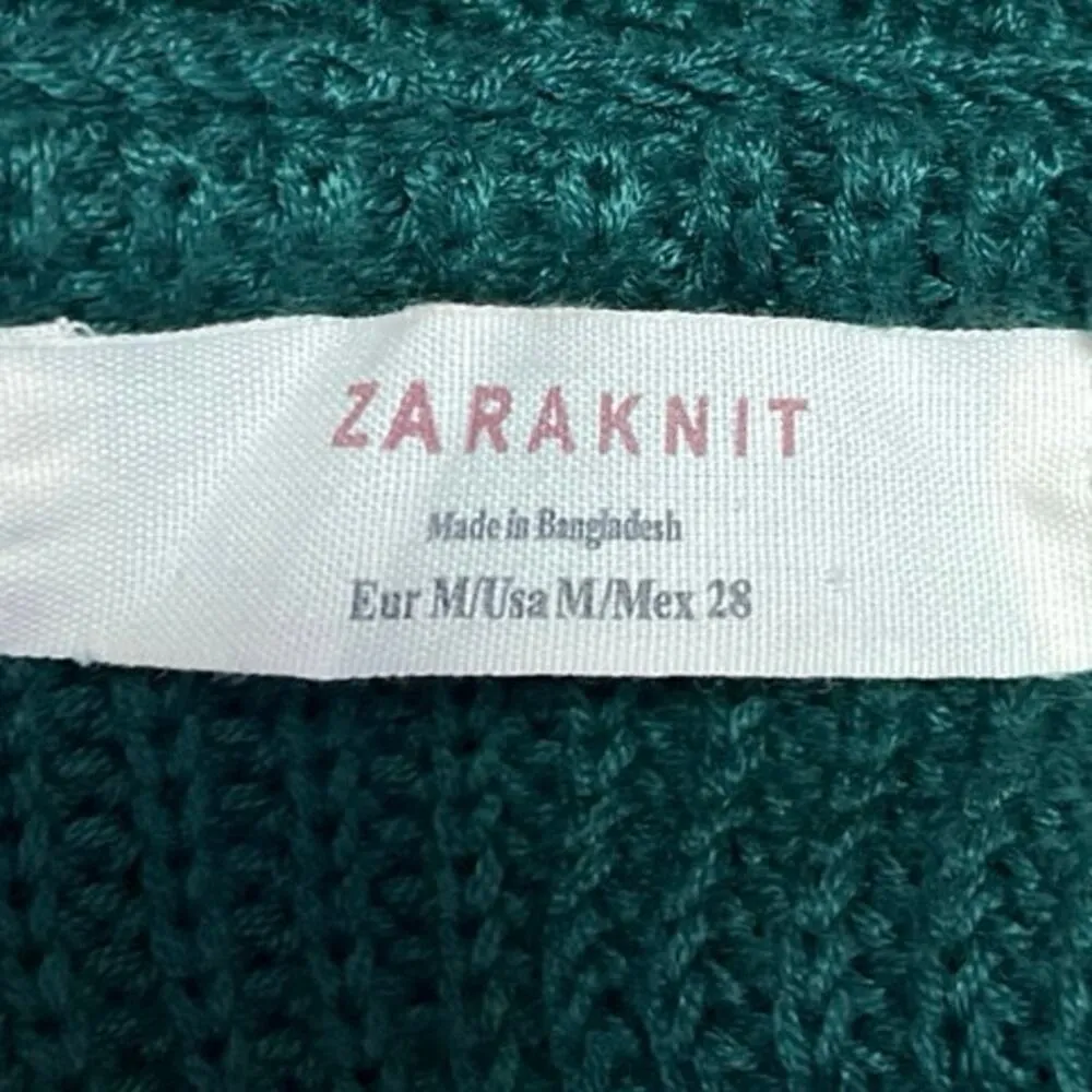 Zara Women's Green Long Sleeve Cable Knit Plunge Neck Pullover Sweater Top Sz M - Image 3