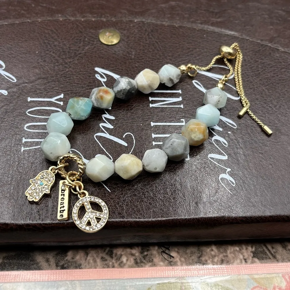 Handmade Boho Agate Bead Bracelet Adjustable w/ Peace & Breathe Charms Indie Spirtual - Image 3