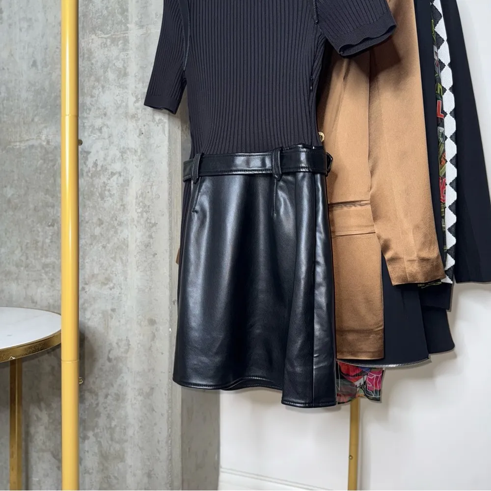 SIMKHAI Anisa Belted Mini Faux Leather Trim Dress in Black Size M - Image 10