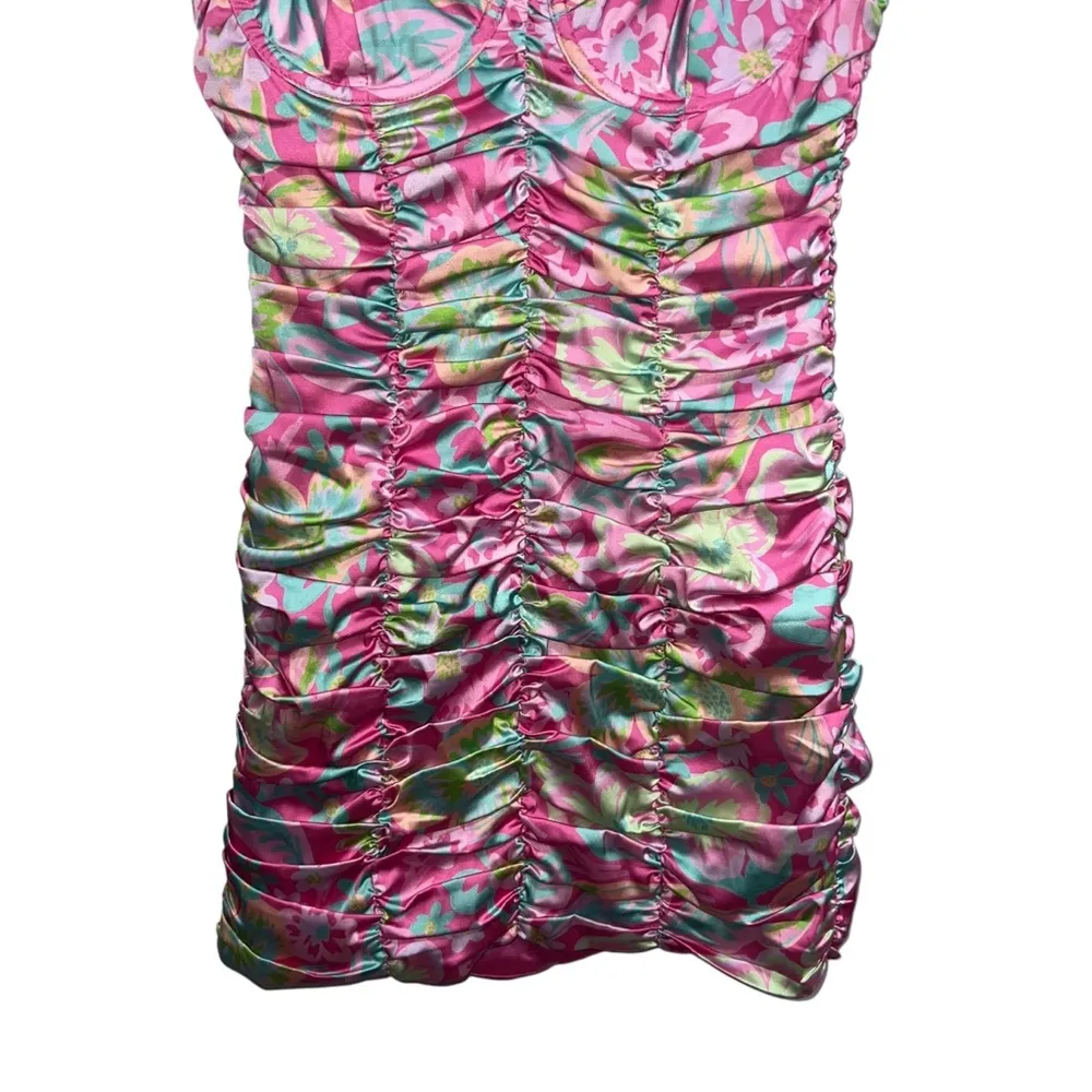 Julien Ruched Satin Cami Dress Pink Floral Print - Image 5