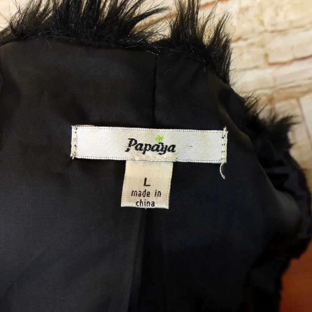 Papaya Faux Fur Vest Juniors L Black Front Hooks V-Neck Boho Rock Chic Mod Punk - Image 5