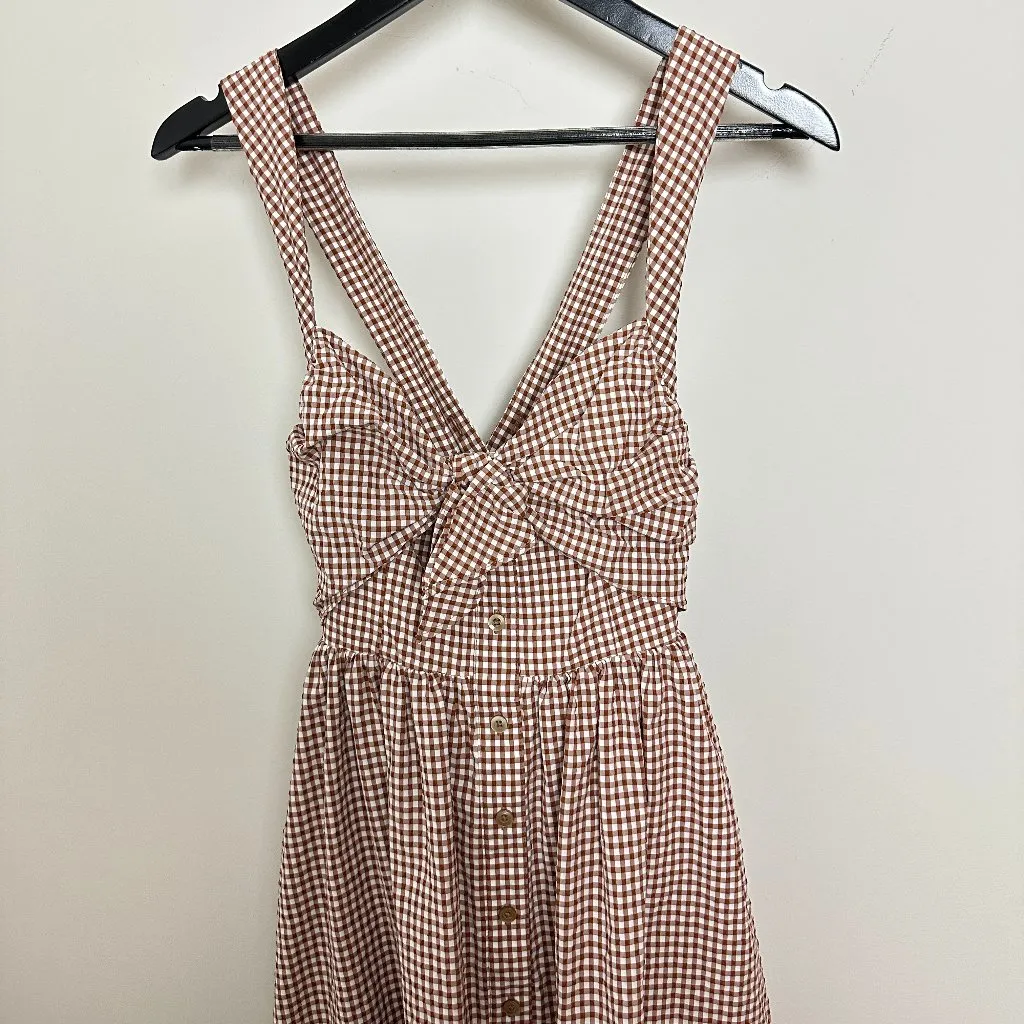 ANTHROPOLOGIE Maeve Halter Bow-Front Midi Dress in Brown Gingham Size X-Small - Image 5