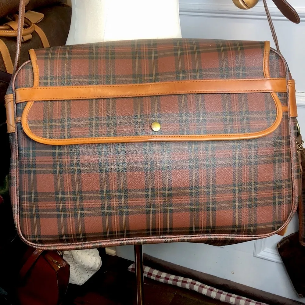 Brown Green Tartan Plaid Computer Crossbody Tote Messenger Bag Rare - Image 2