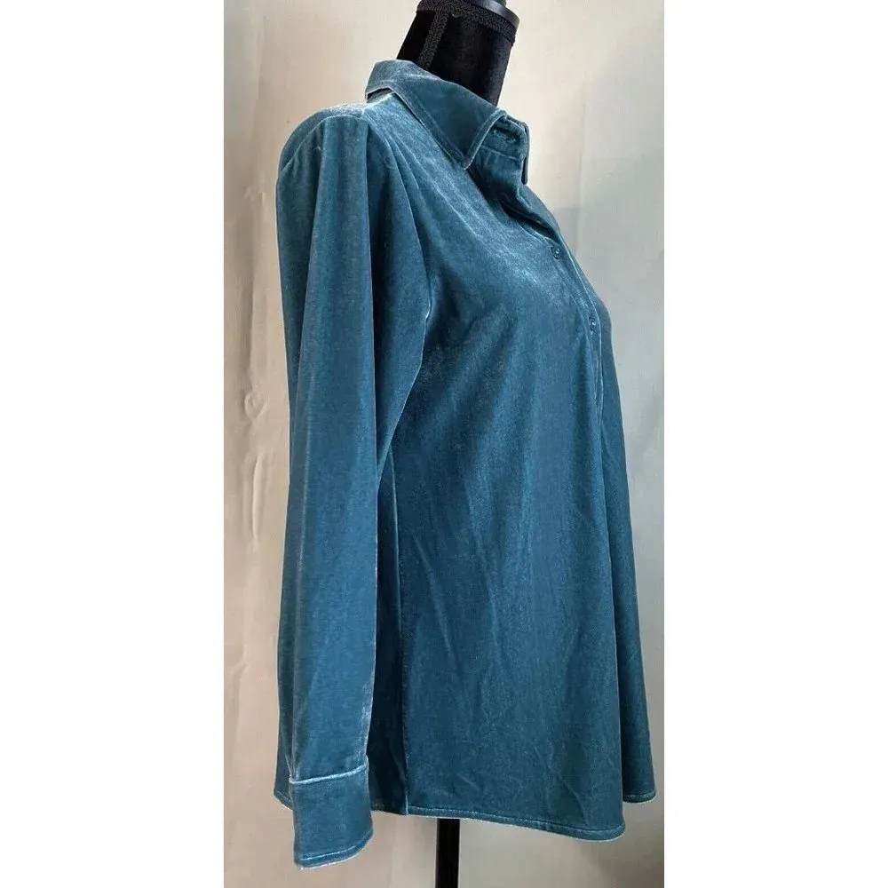 Soft Surroundings Teal Green Velvet Boyfriend‎ Top Button Up Long Sleeve PXS NEW - Image 3