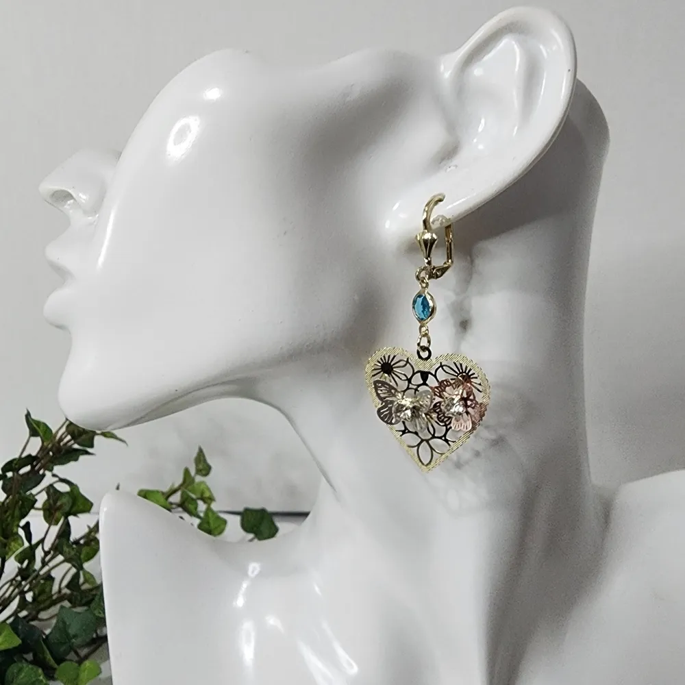 Gold Filled Heart with Butterfly Flower Dangle Earrings - Image 6
