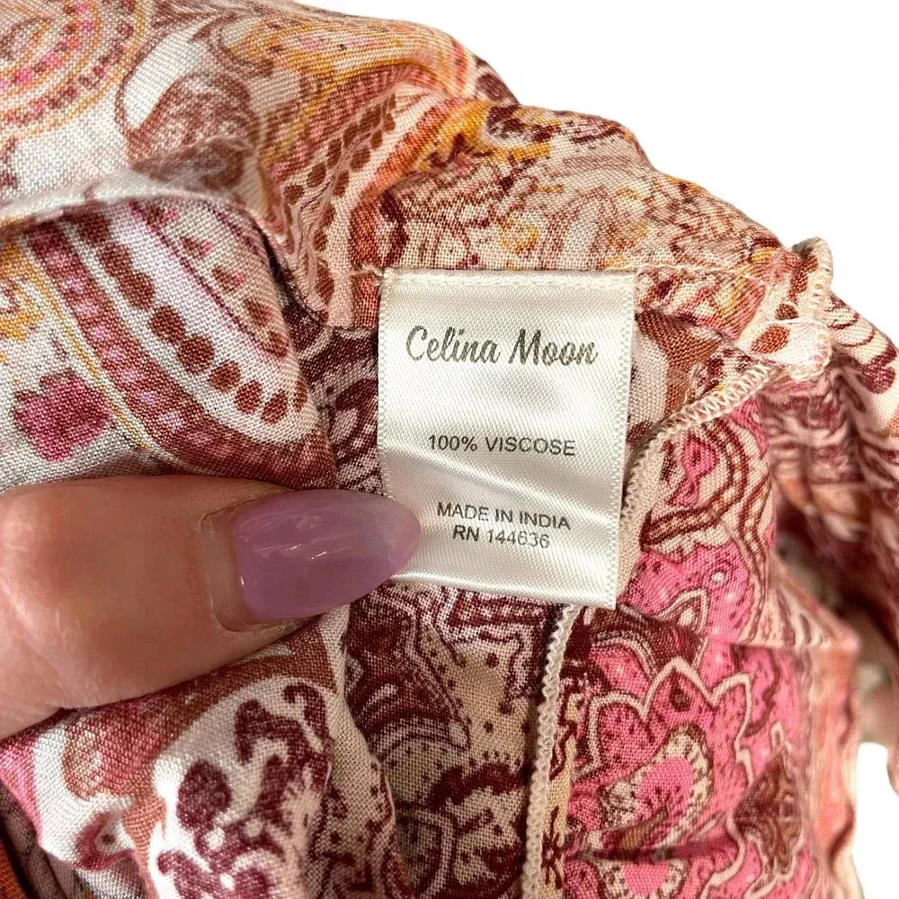 Celina Moon Pom Pom Trim Mini Dress Pink‎ Floral Paisley Print Size Medium Pink - Image 9