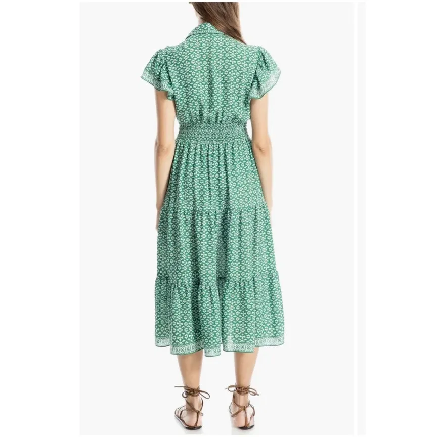 Max Studio London Green Geo Print Tie Waist Shirt Midi Dress Short Sleeve Size L - Image 13