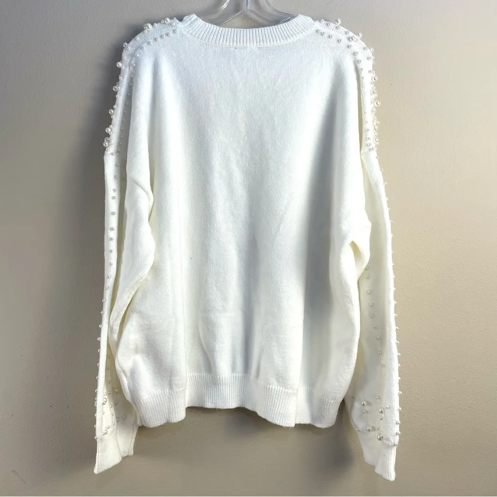 Pearl Embellished Soft White Crew Neck Holiday Sweater New 3X GeeGee Plus Size - Image 4