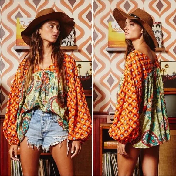 BUCKETLIST Lydia Mixed Print Balloon Sleeve Blouse L Orange Size L - Image 2