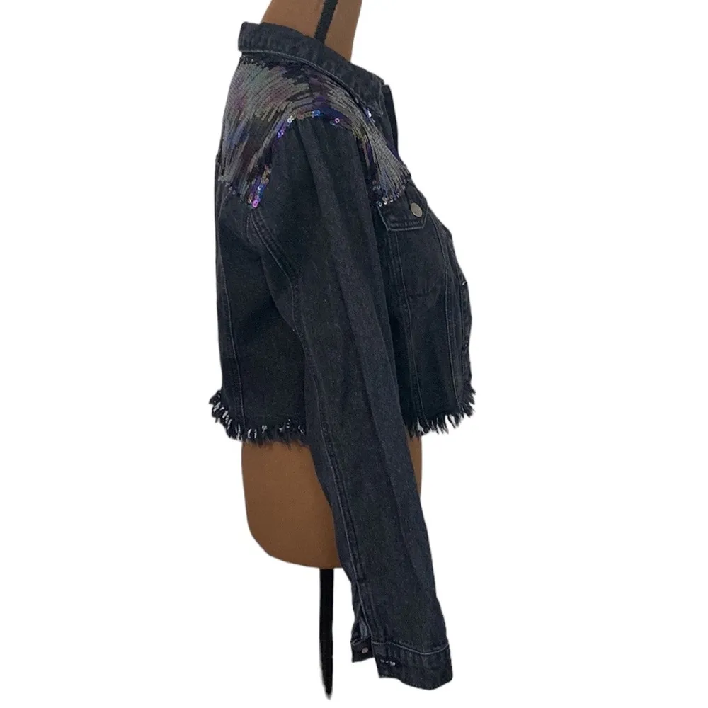 Le Lis shimmer and shine sequined cropped denim jacket with fringe hem size S - Image 5