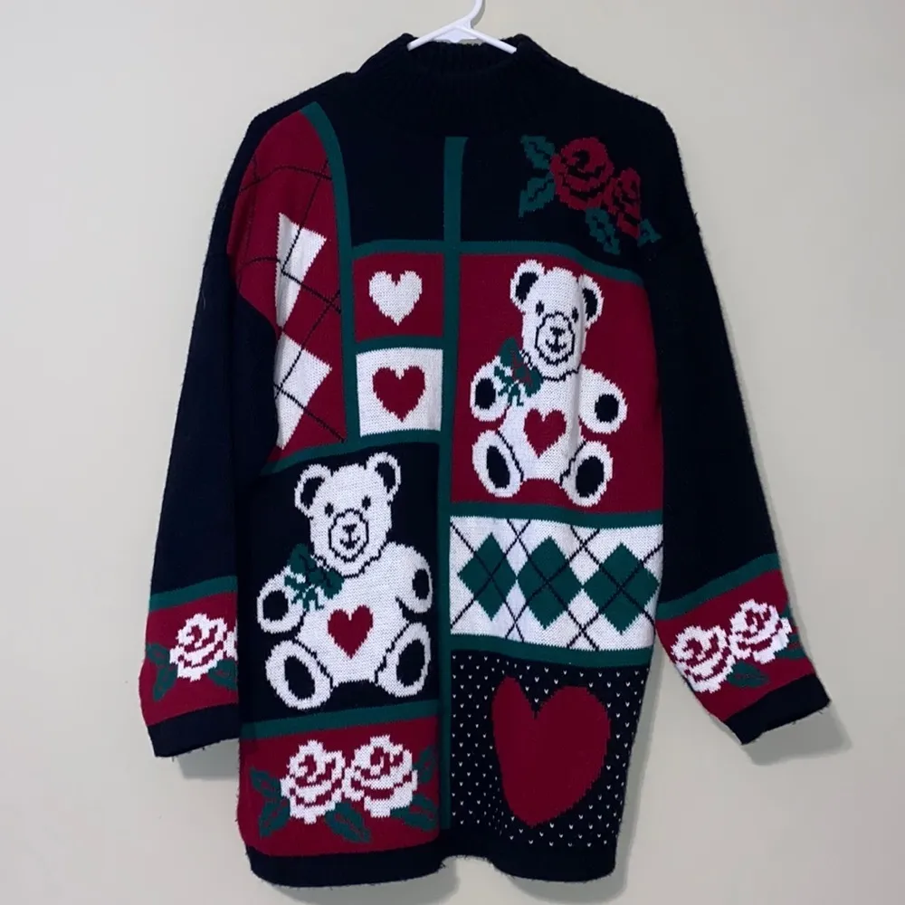 Ship n’ shore M Vintage 80’s tunic sweater rose teddy bear heart argyle pullover Black Size M - Image 2