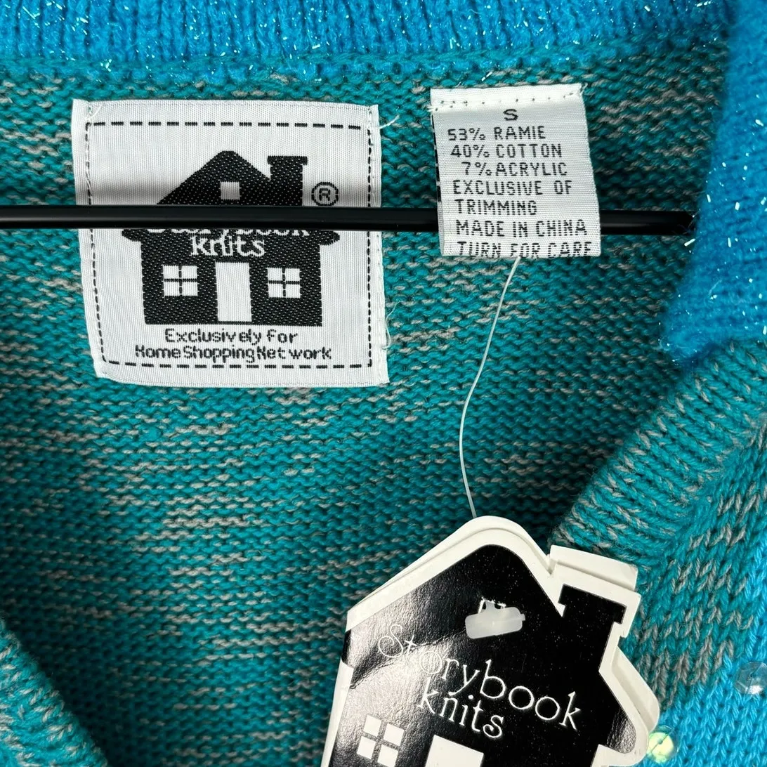 Storybook Knits Blue Sequin Button Front Collared Cardigan Sweater NWT Small - Image 5